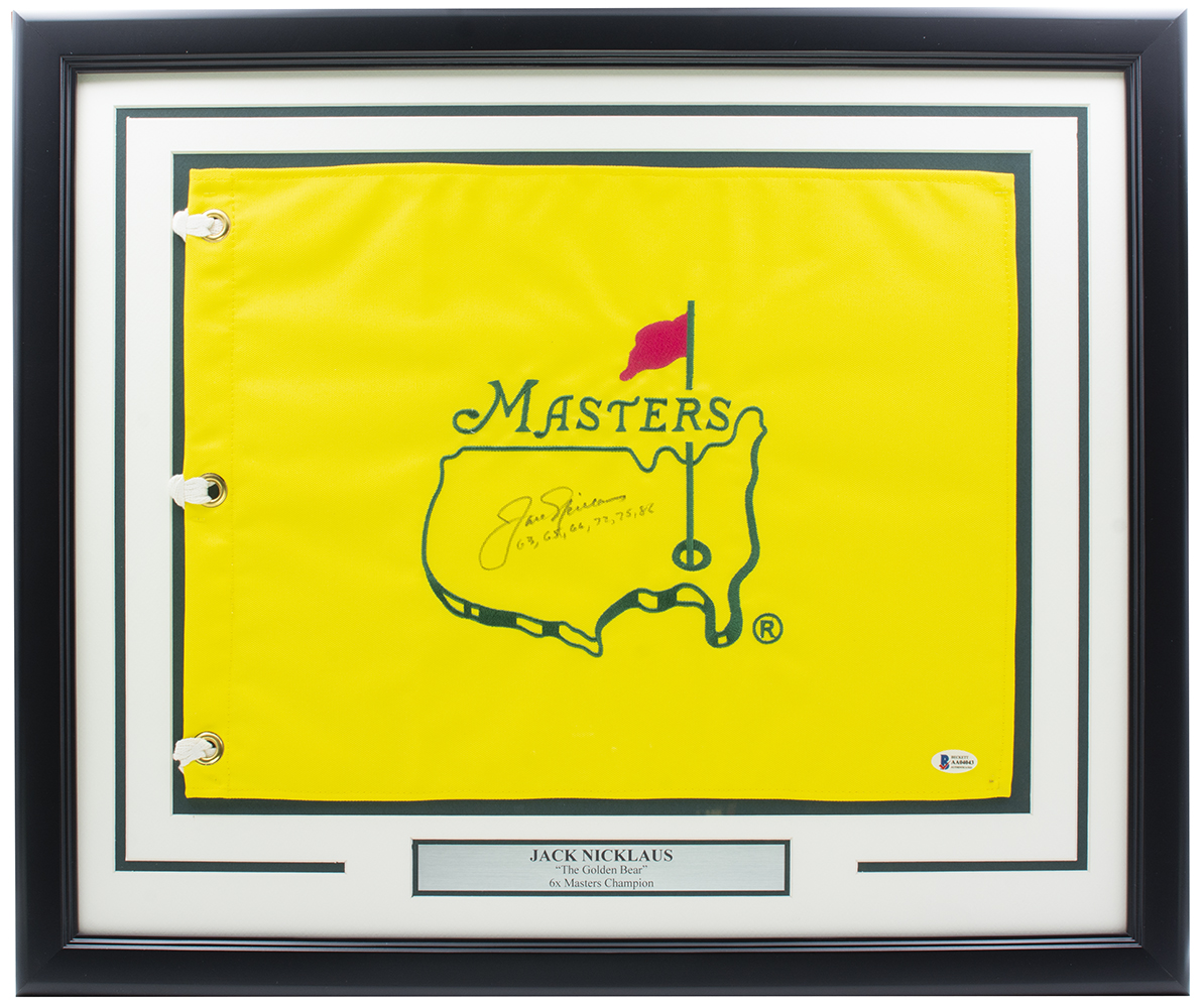 Jack Nicklaus Signed Masters 20x30 Custom Framed Pin Flag Display Inscribed "63, 65, 66, 72, 75, 86" (Beckett) at PristineAuction.com Jack Nicklaus Signed Masters 20x30 Custom Framed Pin Flag Display Inscribed "63, 65, 66, 72, 75, 86" (Beckett) at PristineAuction.com