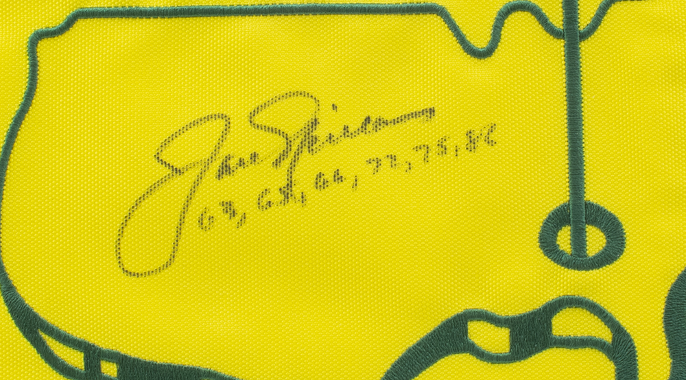 Jack Nicklaus Signed Masters 20x30 Custom Framed Pin Flag Display Inscribed "63, 65, 66, 72, 75, 86" (Beckett) at PristineAuction.com Jack Nicklaus Signed Masters 20x30 Custom Framed Pin Flag Display Inscribed "63, 65, 66, 72, 75, 86" (Beckett) at PristineAuction.com