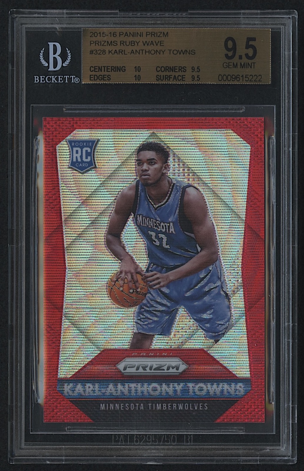 Karl-Anthony Towns 2015-16 Panini Prizm Prizms Ruby Wave #328 RC #133/350 (BGS 9.5) at PristineAuction.com Karl-Anthony Towns 2015-16 Panini Prizm Prizms Ruby Wave #328 RC #133/350 (BGS 9.5) at PristineAuction.com
