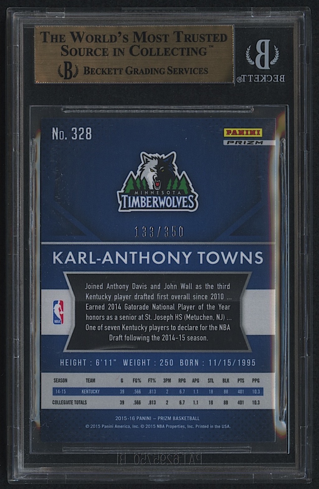 Karl-Anthony Towns 2015-16 Panini Prizm Prizms Ruby Wave #328 RC #133/350 (BGS 9.5) at PristineAuction.com Karl-Anthony Towns 2015-16 Panini Prizm Prizms Ruby Wave #328 RC #133/350 (BGS 9.5) at PristineAuction.com