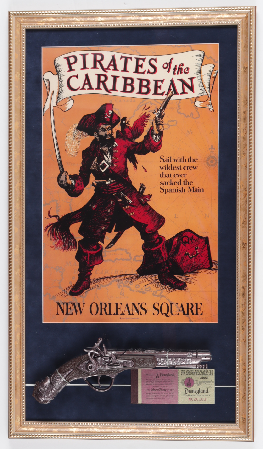 "Pirates of the Caribbean" 15x26 Custom Framed Display with Disneyland Ticket Book & Pirates Pistol at PristineAuction.com "Pirates of the Caribbean" 15x26 Custom Framed Display with Disneyland Ticket Book & Pirates Pistol at PristineAuction.com