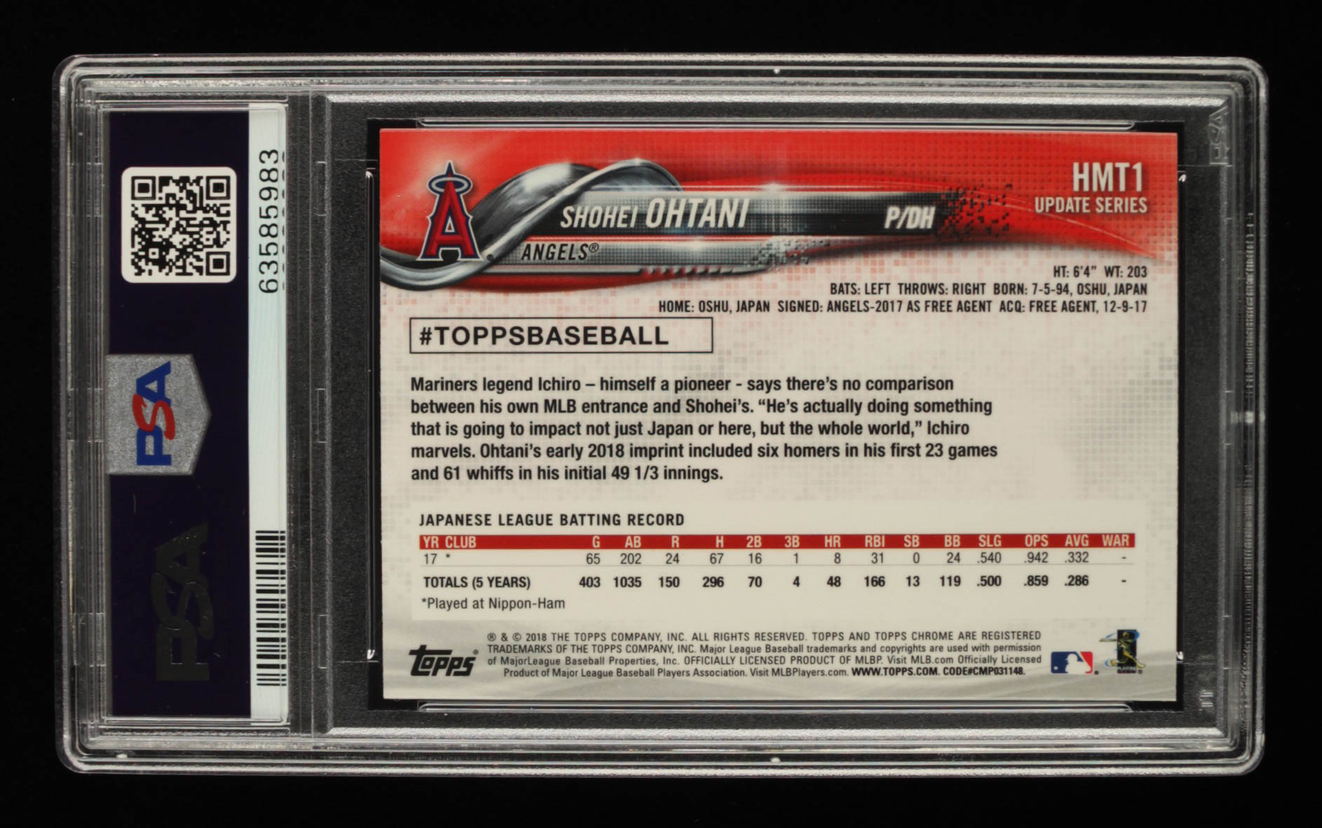 Shohei Ohtani 2018 Topps Chrome Update #HMT1 RC (PSA 9) at PristineAuction.com Shohei Ohtani 2018 Topps Chrome Update #HMT1 RC (PSA 9) at PristineAuction.com