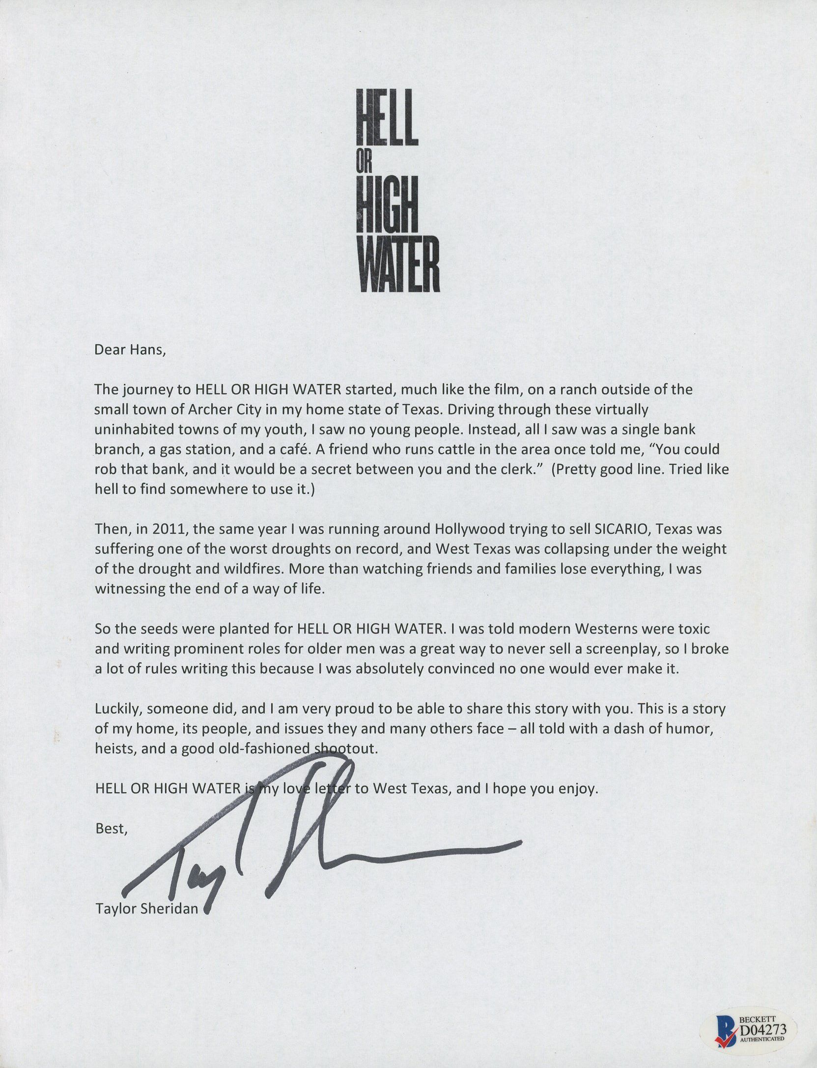 Taylor Sheridan Signed "Hell Or High Water" Letter (Beckett) at PristineAuction.com Taylor Sheridan Signed "Hell Or High Water" Letter (Beckett) at PristineAuction.com