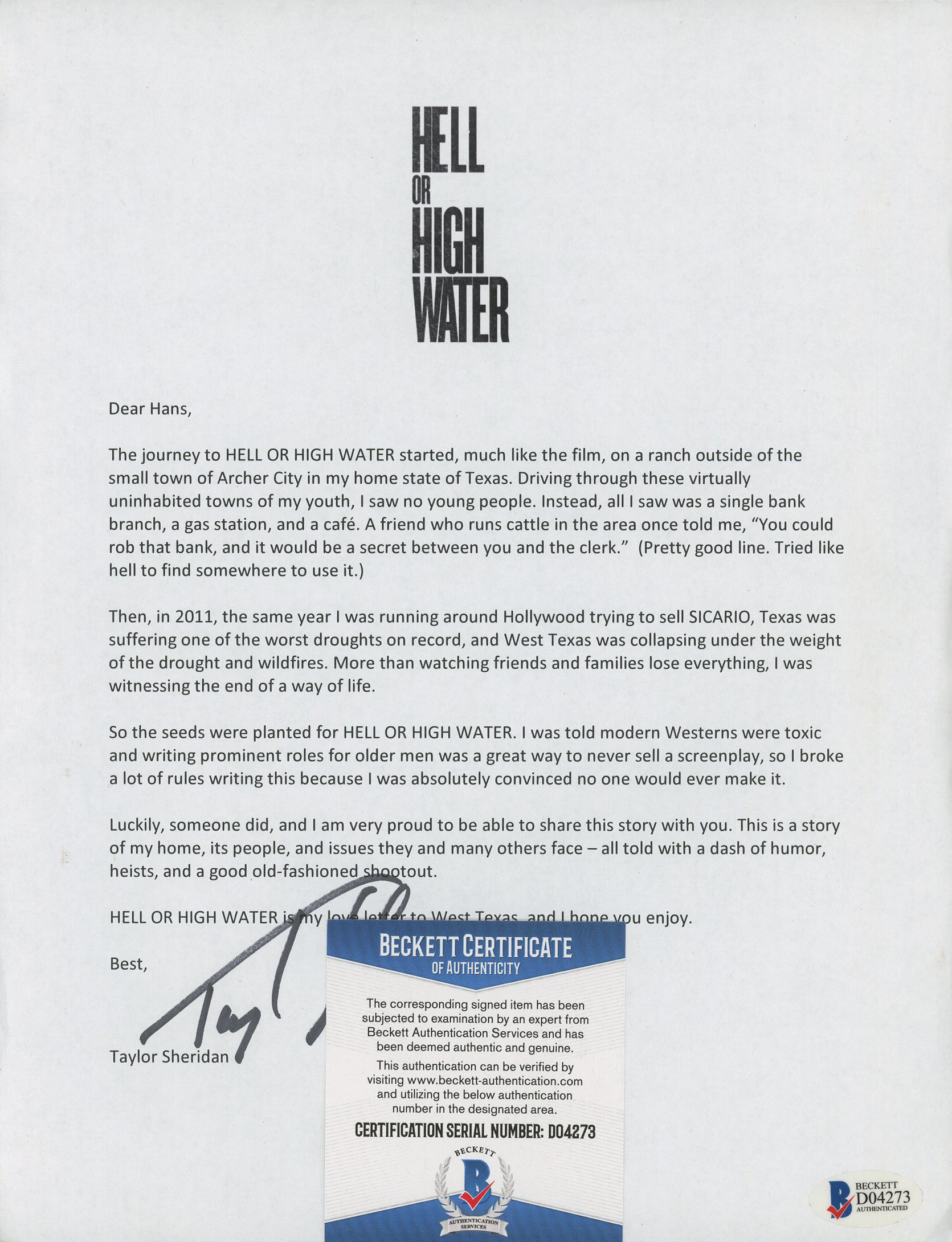Taylor Sheridan Signed "Hell Or High Water" Letter (Beckett) at PristineAuction.com Taylor Sheridan Signed "Hell Or High Water" Letter (Beckett) at PristineAuction.com