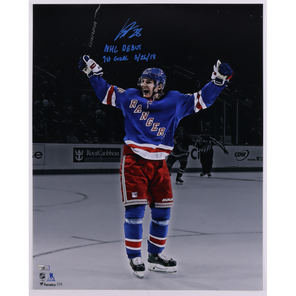 Lias Andersson Signed Rangers 16x20 Photo Inscribed "NHL Debut 1st Goal