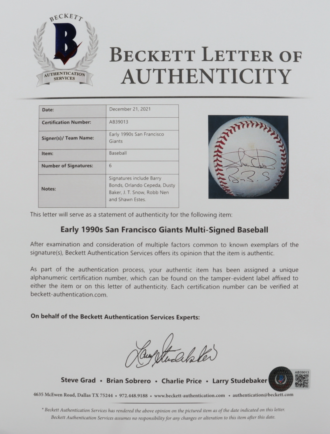 1990s Giants ONL Baseball Multi-Signed by (6) with Barry Bonds, Orlando Cepeda, Dusty Baker, J.T. Snow (Beckett LOA) at PristineAuction.com 1990s Giants ONL Baseball Multi-Signed by (6) with Barry Bonds, Orlando Cepeda, Dusty Baker, J.T. Snow (Beckett LOA) at PristineAuction.com