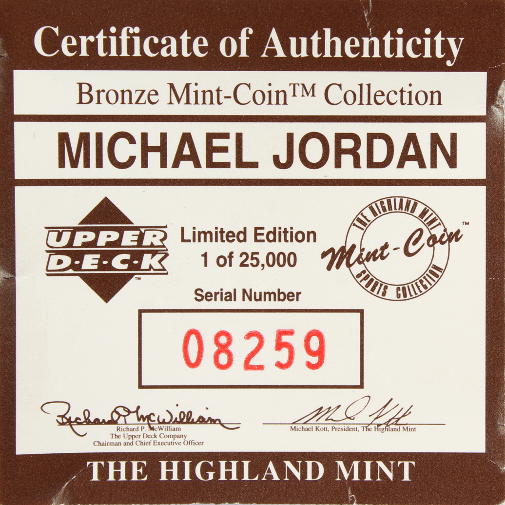 1995 LE Michael Jordan Commemorative Upper Deck Bronze Mint-Coin from The Highland Mint at PristineAuction.com 1995 LE Michael Jordan Commemorative Upper Deck Bronze Mint-Coin from The Highland Mint at PristineAuction.com