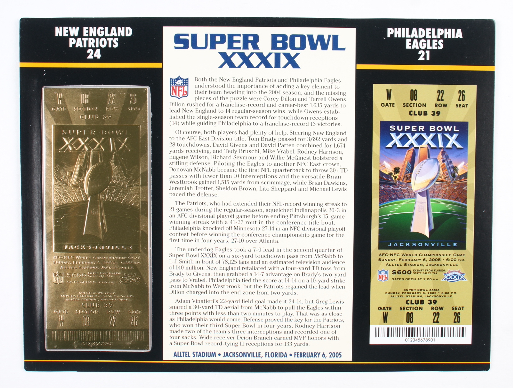Super Bowl XXXIX Commemorative Scorecard with 22kt Gold Ticket at PristineAuction.com Super Bowl XXXIX Commemorative Scorecard with 22kt Gold Ticket at PristineAuction.com