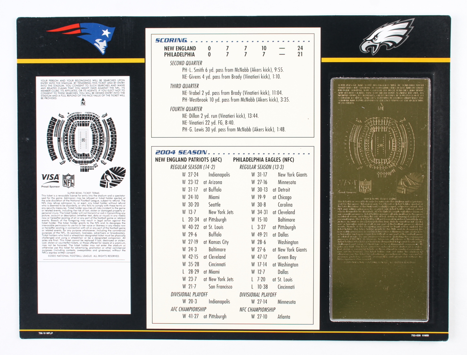 Super Bowl XXXIX Commemorative Scorecard with 22kt Gold Ticket at PristineAuction.com Super Bowl XXXIX Commemorative Scorecard with 22kt Gold Ticket at PristineAuction.com