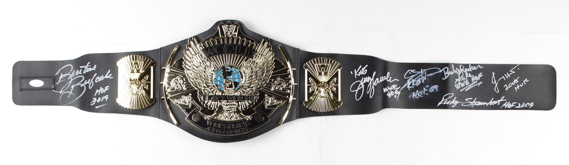 WWE World Heavyweight Champion Wrestling Belt Signed by (6) with Jerry Lawler, Jimmy Hart, Ricky Steamboat, Koko B. Ware with Multiple Hall of Fame Inscriptions (JSA COA) at PristineAuction.com WWE World Heavyweight Champion Wrestling Belt Signed by (6) with Jerry Lawler, Jimmy Hart, Ricky Steamboat, Koko B. Ware with Multiple Hall of Fame Inscriptions (JSA COA) at PristineAuction.com
