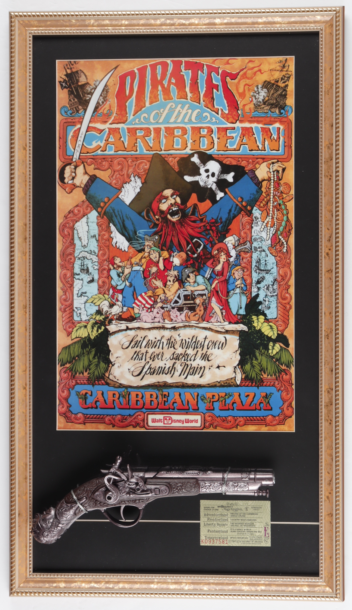 Disney World "Pirates of the Caribbean" 15x26 Custom Framed Print with Pirates of the Caribbean Souvenir Gun & "E" Vintage Pirates Ride Ticket at PristineAuction.com Disney World "Pirates of the Caribbean" 15x26 Custom Framed Print with Pirates of the Caribbean Souvenir Gun & "E" Vintage Pirates Ride Ticket at PristineAuction.com