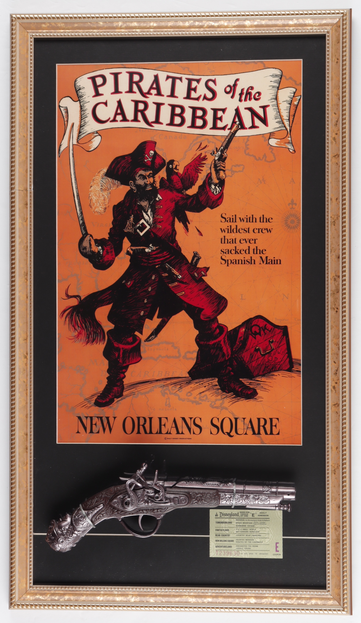 Disneyland "Pirates of the Caribbean" 15x26 Custom Framed Print with Pirates of the Caribbean Souvenir Gun & Vintage 'E' Pirates Ride Ticket at PristineAuction.com Disneyland "Pirates of the Caribbean" 15x26 Custom Framed Print with Pirates of the Caribbean Souvenir Gun & Vintage 'E' Pirates Ride Ticket at PristineAuction.com