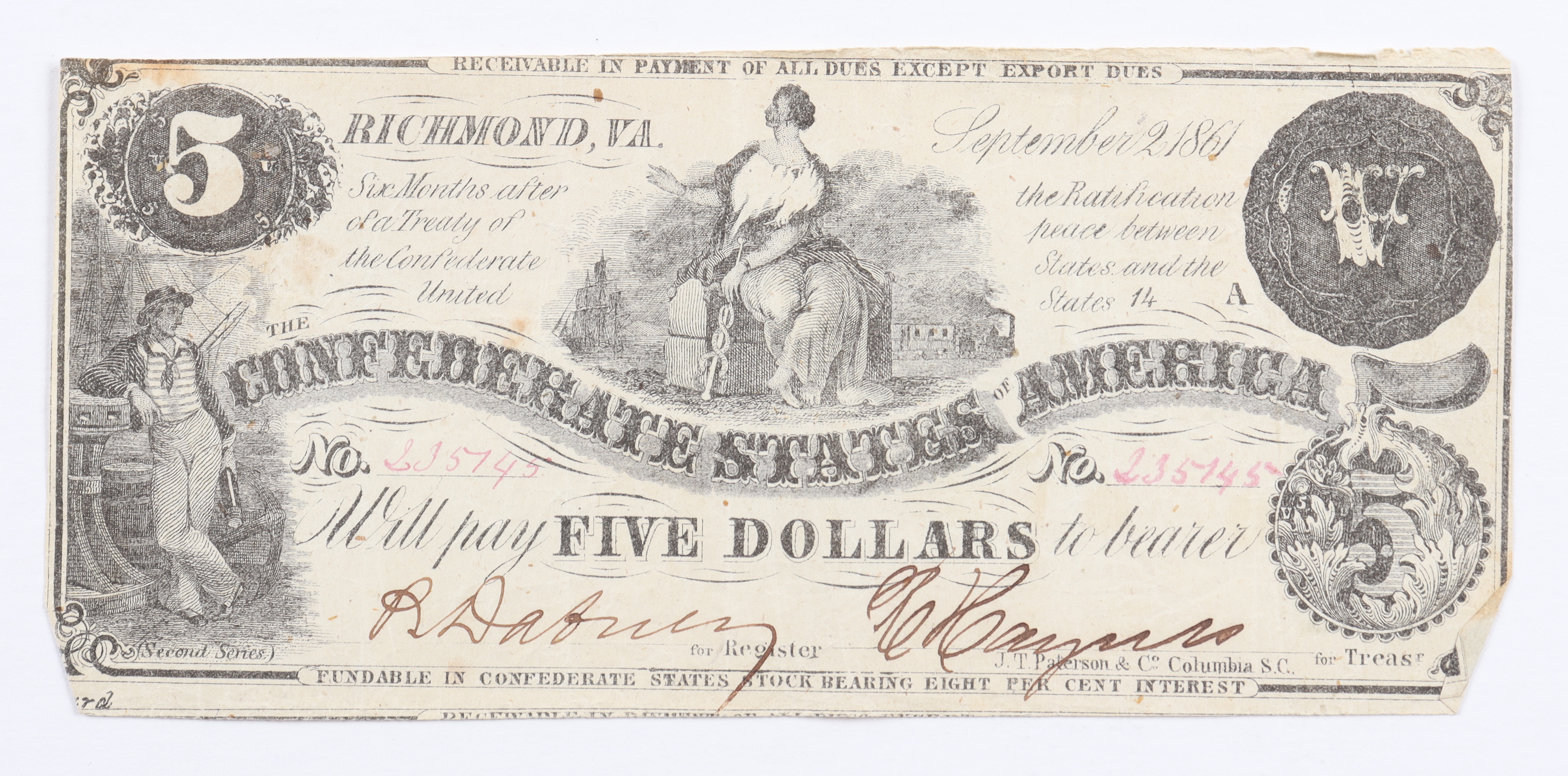 1861 $5 Five Dollar Confederate States of America Currency Note at PristineAuction.com 1861 $5 Five Dollar Confederate States of America Currency Note at PristineAuction.com