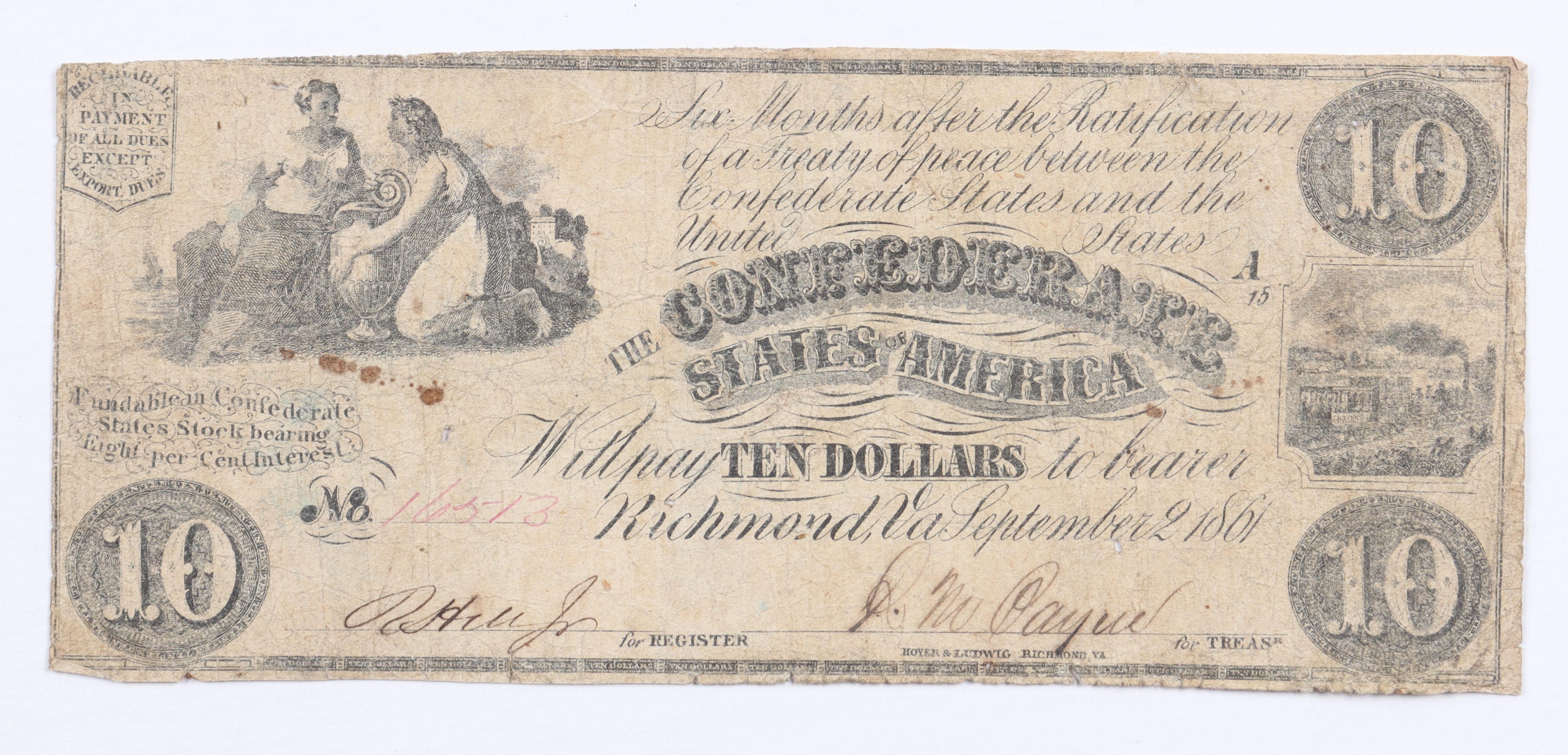 1861 $10 Ten Dollar Confederate States of America Currency Note at PristineAuction.com 1861 $10 Ten Dollar Confederate States of America Currency Note at PristineAuction.com