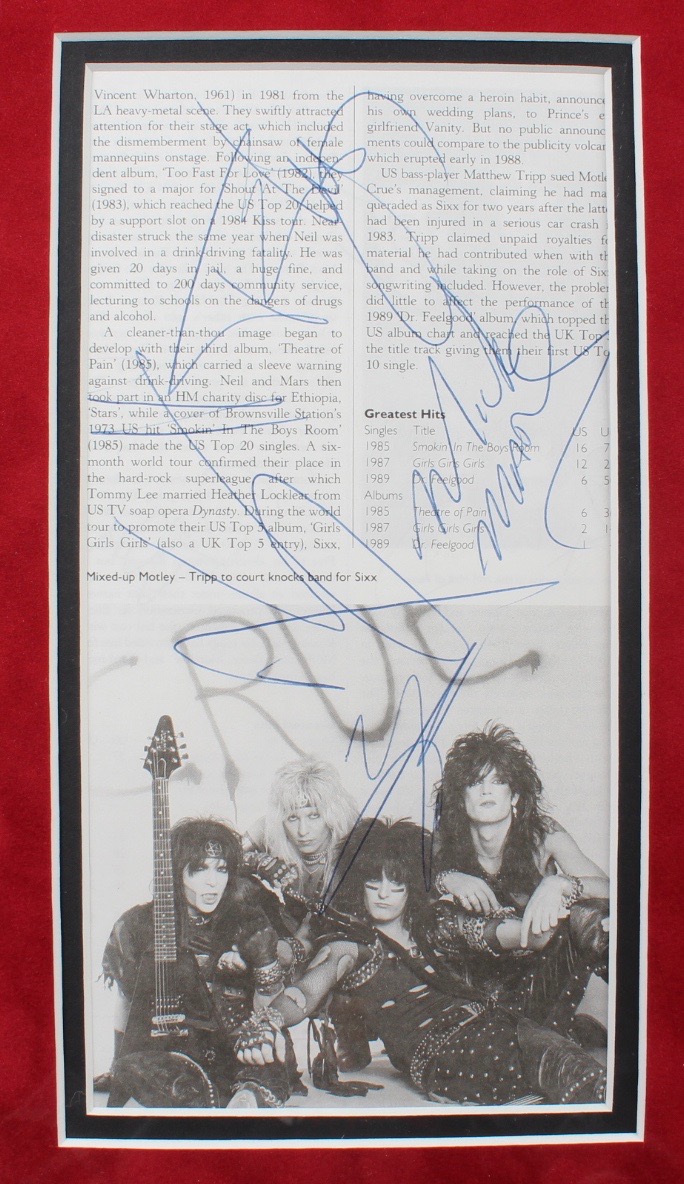 "Motley Crue" 17.5x21.5 Custom Framed Photo Display Signed by (4) with Mick Mars, Tommy Lee, Nikki Sixx & Vince Neil (Beckett) at PristineAuction.com "Motley Crue" 17.5x21.5 Custom Framed Photo Display Signed by (4) with Mick Mars, Tommy Lee, Nikki Sixx & Vince Neil (Beckett) at PristineAuction.com