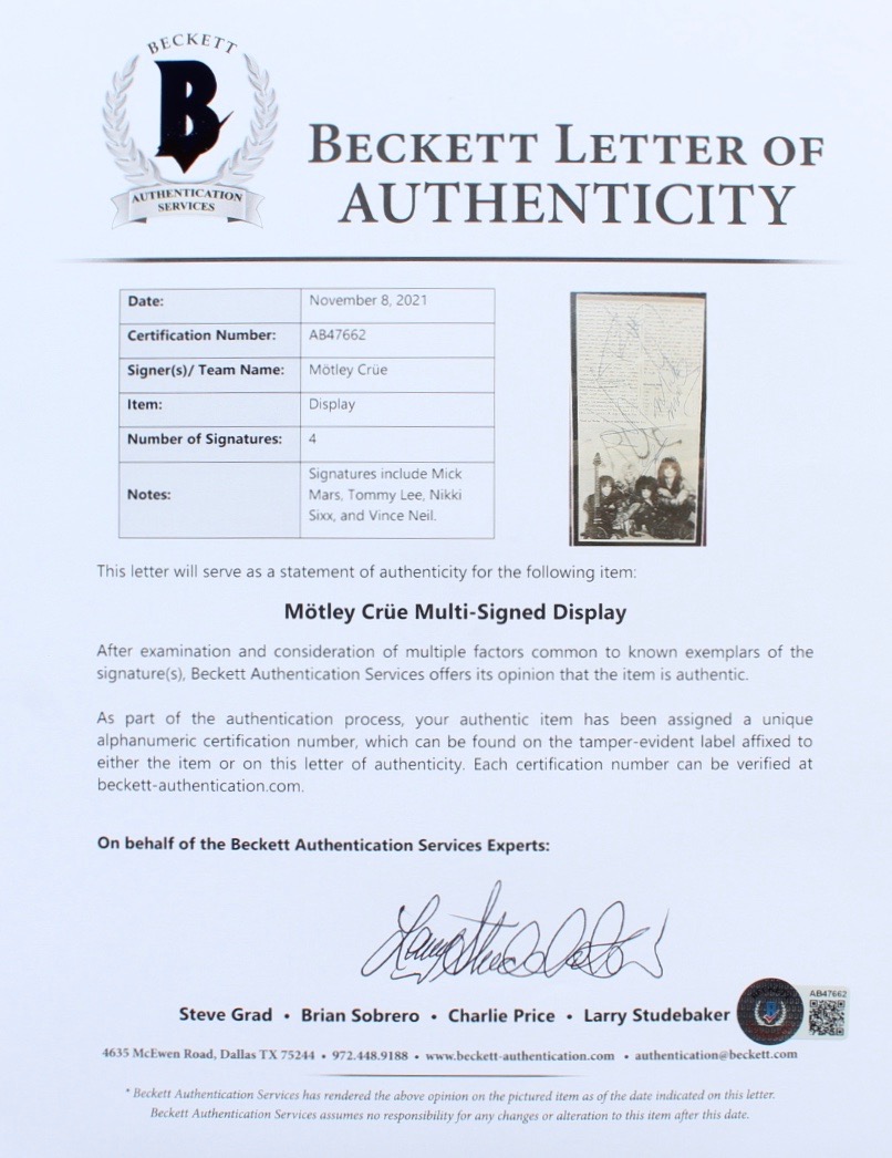 "Motley Crue" 17.5x21.5 Custom Framed Photo Display Signed by (4) with Mick Mars, Tommy Lee, Nikki Sixx & Vince Neil (Beckett) at PristineAuction.com "Motley Crue" 17.5x21.5 Custom Framed Photo Display Signed by (4) with Mick Mars, Tommy Lee, Nikki Sixx & Vince Neil (Beckett) at PristineAuction.com