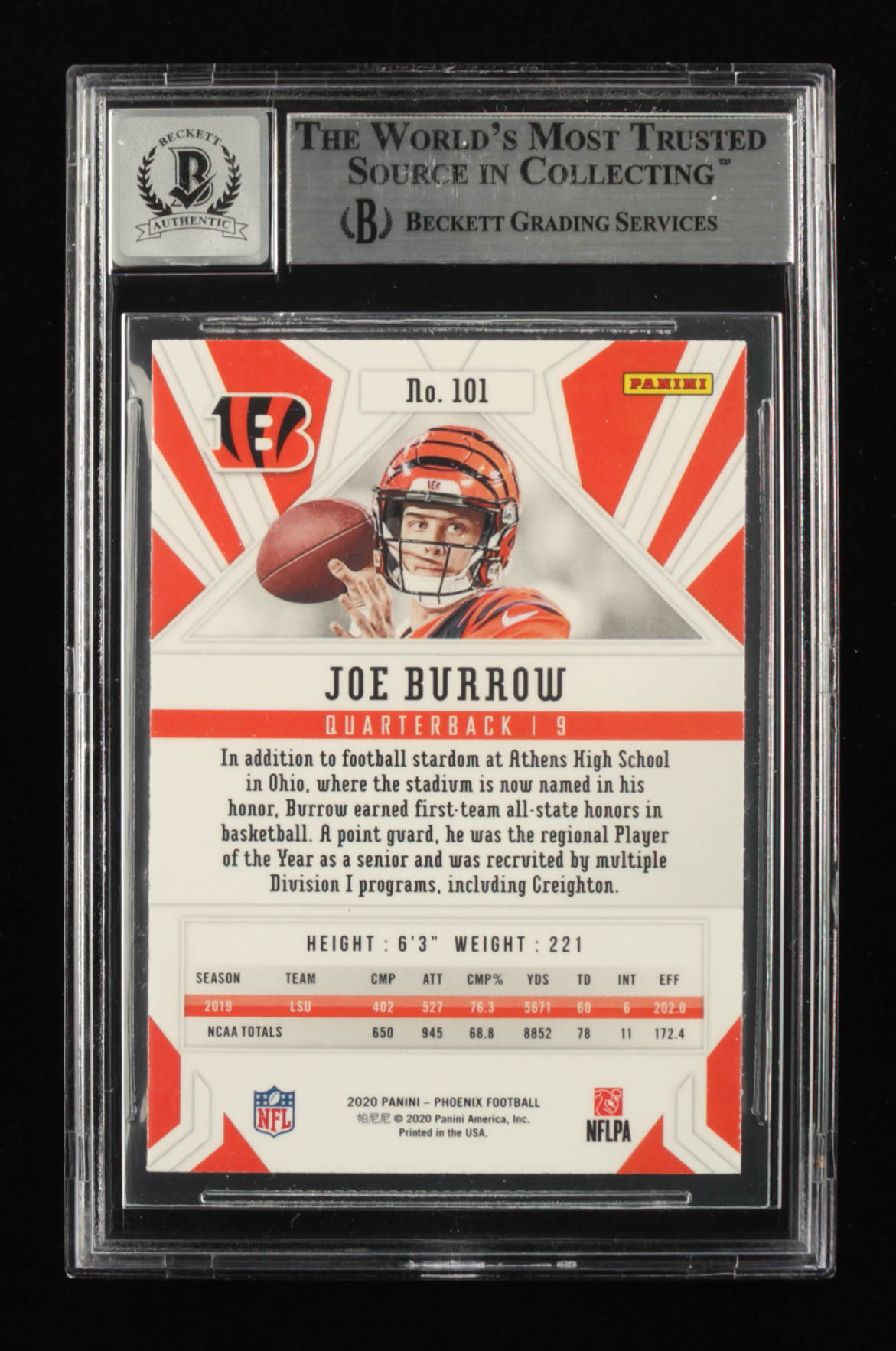 Joe Burrow Signed 2020 Panini Phoenix Fire Burst #101 (BGS Encapsulated) at PristineAuction.com Joe Burrow Signed 2020 Panini Phoenix Fire Burst #101 (BGS Encapsulated) at PristineAuction.com