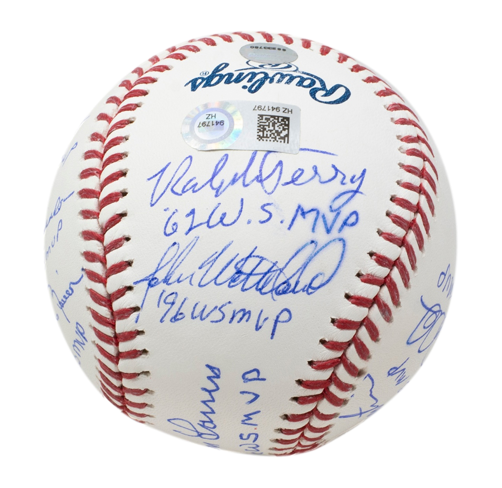 Yankees World Series MVP OML Baseball Signed by (11) with Bucky Dent, Ralph Terry, Bobby Richardson, Scott Brosius, Whitey Ford, Reggie Jackson With Multiple Inscriptions (MLB & Steiner) at PristineAuction.com Yankees World Series MVP OML Baseball Signed by (11) with Bucky Dent, Ralph Terry, Bobby Richardson, Scott Brosius, Whitey Ford, Reggie Jackson With Multiple Inscriptions (MLB & Steiner) at PristineAuction.com
