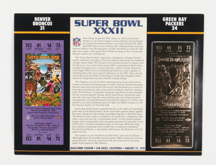 Super Bowl XXXII Commemorative Scorecard with 22kt Gold Ticket at PristineAuction.com Super Bowl XXXII Commemorative Scorecard with 22kt Gold Ticket at PristineAuction.com