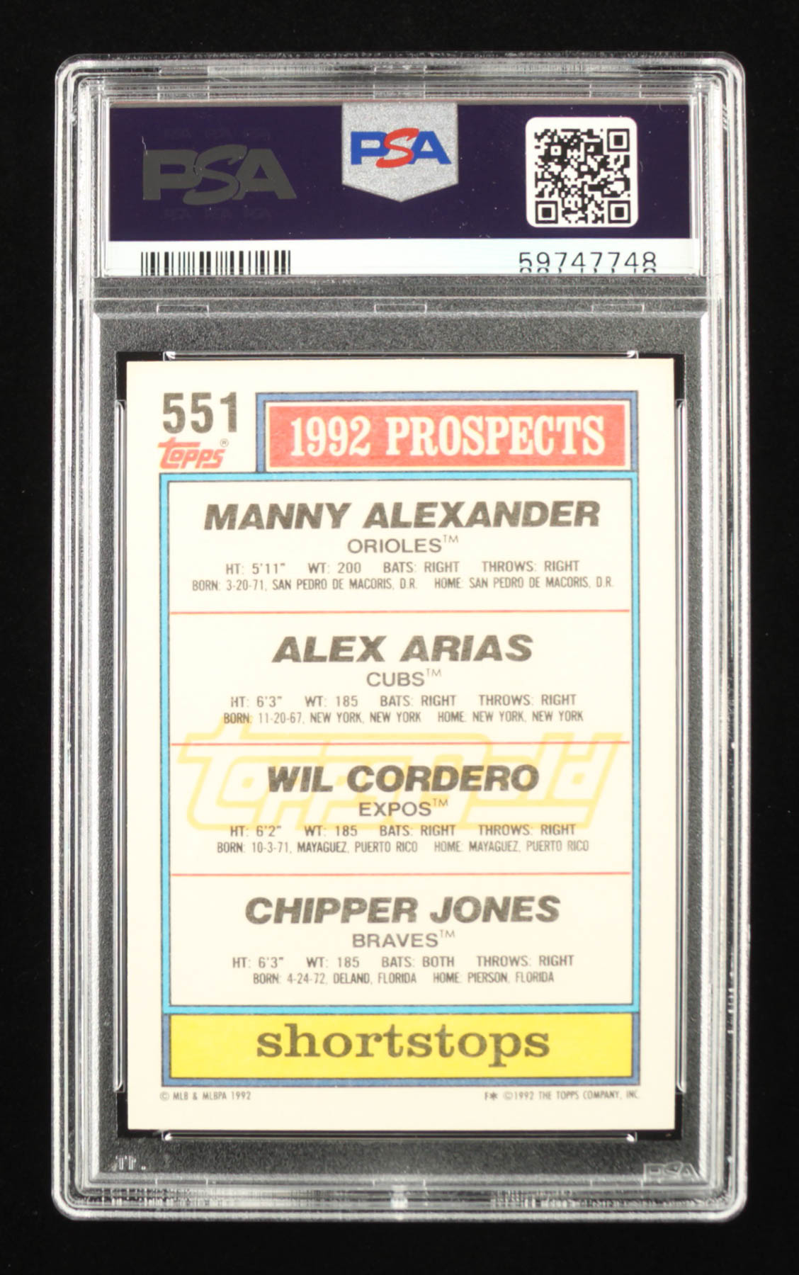 Chipper Jones / Wil Cordero 1992 Topps Gold Winners #551 (PSA 9) at PristineAuction.com Chipper Jones / Wil Cordero 1992 Topps Gold Winners #551 (PSA 9) at PristineAuction.com