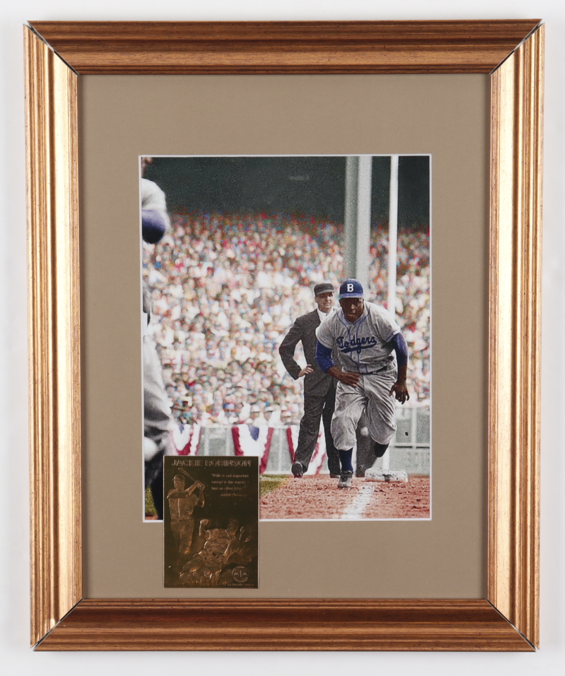 Jackie Robinson Dodgers 13x16 Custom Framed Photo Display with 50th Anniversary 24KT Gold Trading Card at PristineAuction.com Jackie Robinson Dodgers 13x16 Custom Framed Photo Display with 50th Anniversary 24KT Gold Trading Card at PristineAuction.com