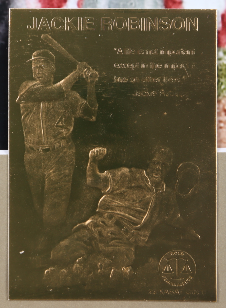 Jackie Robinson Dodgers 13x16 Custom Framed Photo Display with 50th Anniversary 24KT Gold Trading Card at PristineAuction.com Jackie Robinson Dodgers 13x16 Custom Framed Photo Display with 50th Anniversary 24KT Gold Trading Card at PristineAuction.com