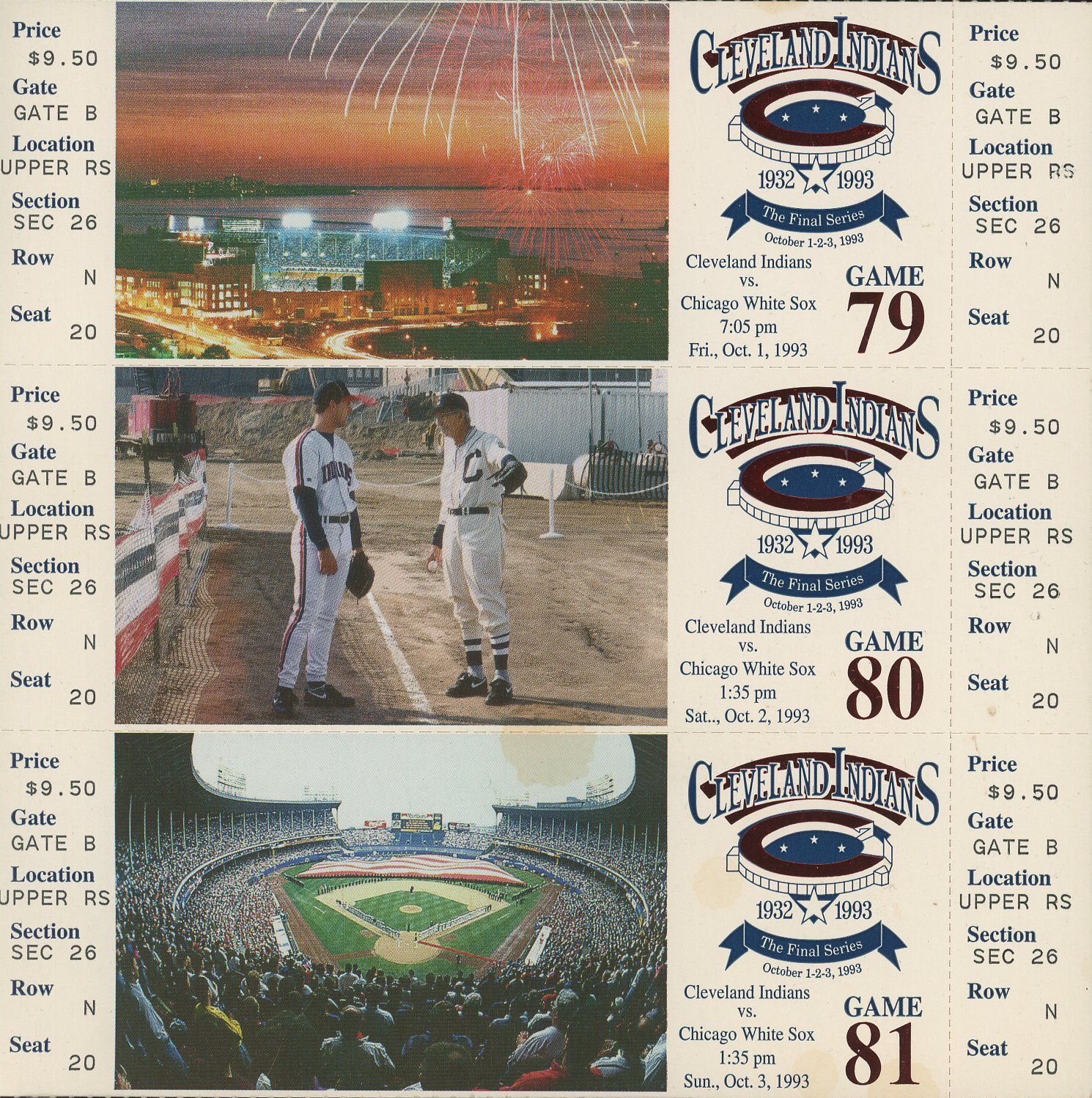 Set of (3) 1993 Indians Uncut Final Series at Cleveland Stadium Tickets at PristineAuction.com Set of (3) 1993 Indians Uncut Final Series at Cleveland Stadium Tickets at PristineAuction.com