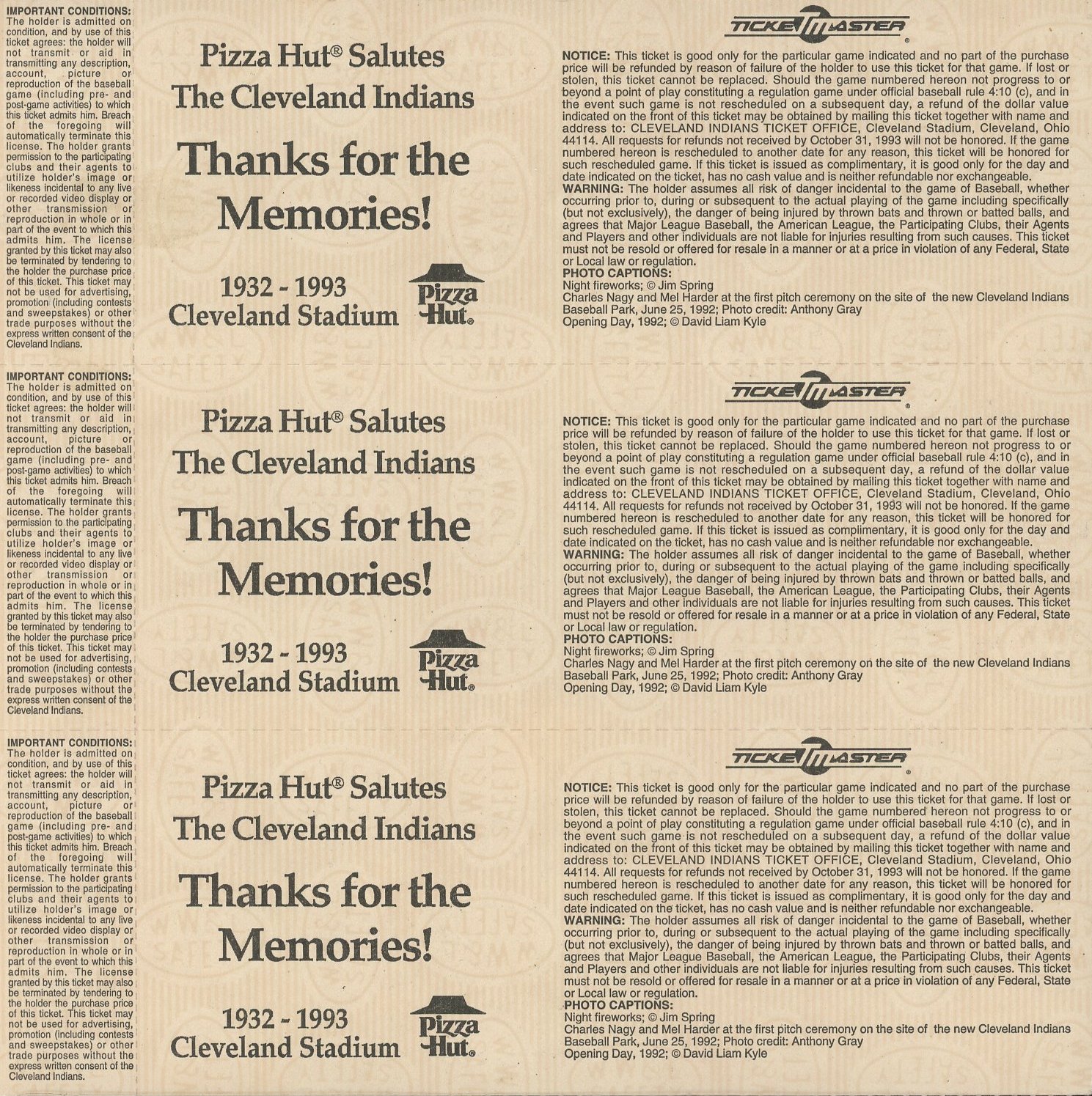 Set of (3) 1993 Indians Uncut Final Series at Cleveland Stadium Tickets at PristineAuction.com Set of (3) 1993 Indians Uncut Final Series at Cleveland Stadium Tickets at PristineAuction.com