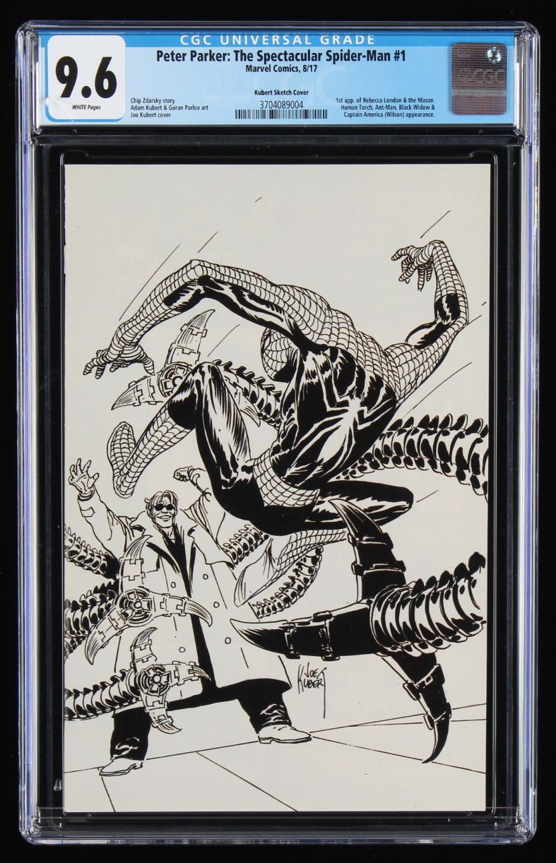 2017 "Peter Parker: The Spectacular Spider-Man" #1 Little Shop of Comics Exclusive Joe Kubert B&W Virgin Variant LE Marvel Comic Book (CGC 9.6) at PristineAuction.com 2017 "Peter Parker: The Spectacular Spider-Man" #1 Little Shop of Comics Exclusive Joe Kubert B&W Virgin Variant LE Marvel Comic Book (CGC 9.6) at PristineAuction.com