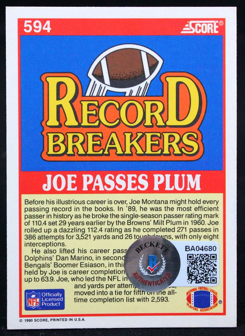 Joe Montana Signed 1990 Score #594 RB (Beckett) at PristineAuction.com Joe Montana Signed 1990 Score #594 RB (Beckett) at PristineAuction.com