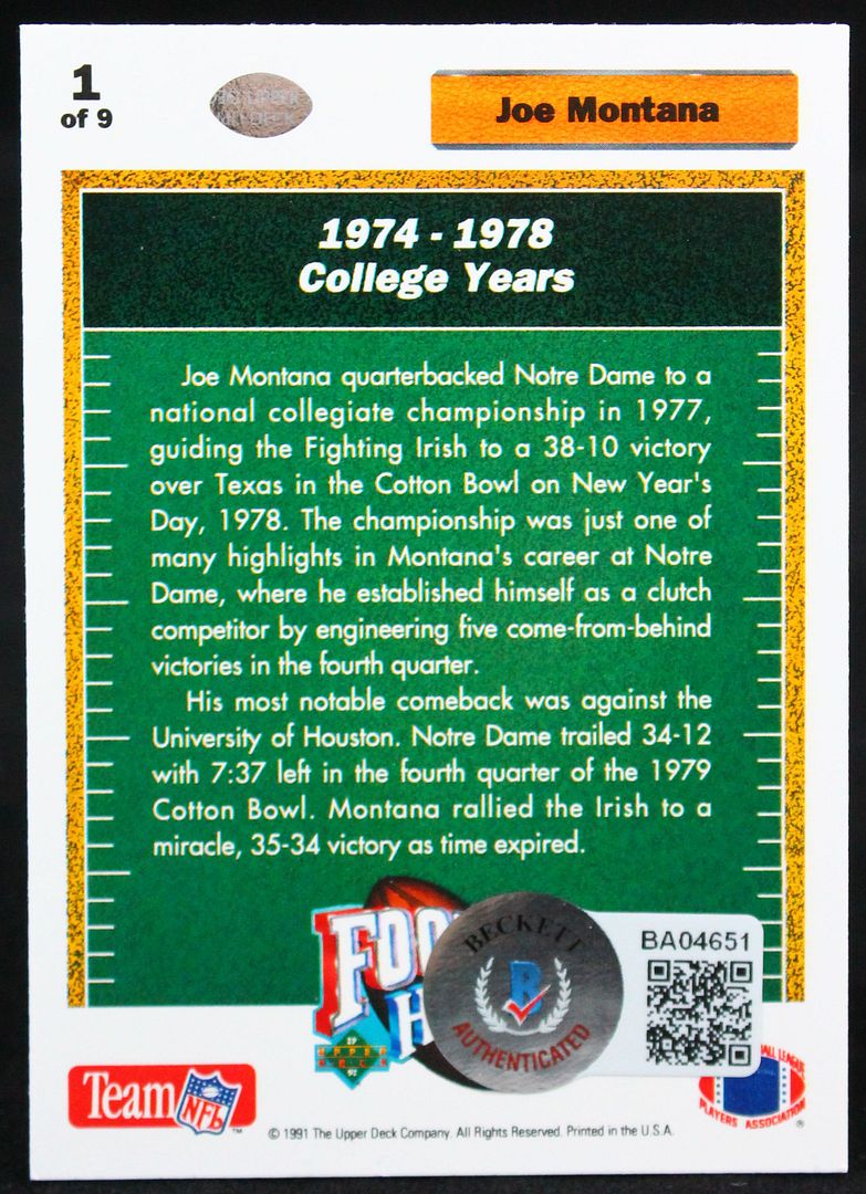 Joe Montana Signed 1991 Upper Deck Joe Montana Heroes #1 1974-78 College Years (Beckett) at PristineAuction.com Joe Montana Signed 1991 Upper Deck Joe Montana Heroes #1 1974-78 College Years (Beckett) at PristineAuction.com