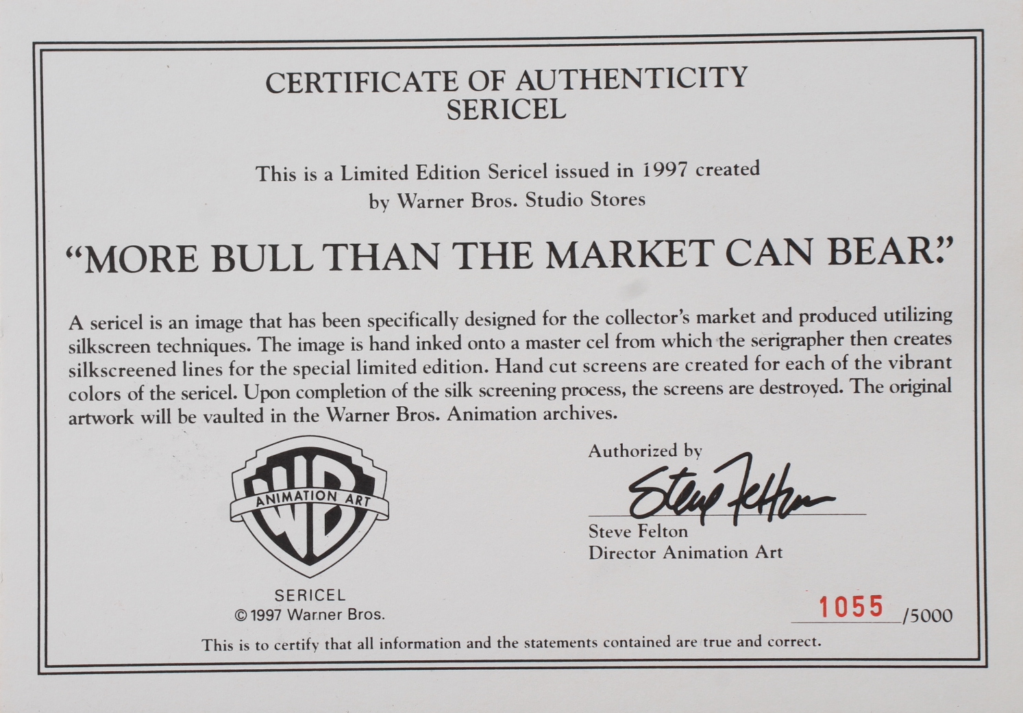 Complete Set of (2) "More Bull Than The Market Can Bear" LE 16x19 Custom Framed Animation Serigraph Cels at PristineAuction.com Complete Set of (2) "More Bull Than The Market Can Bear" LE 16x19 Custom Framed Animation Serigraph Cels at PristineAuction.com