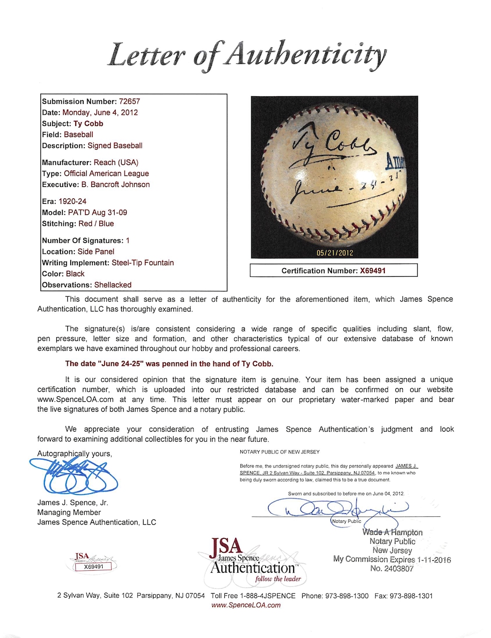 Ty Cobb Signed OAL Baseball Inscribed "June 24-25" (JSA & PSA) at PristineAuction.com Ty Cobb Signed OAL Baseball Inscribed "June 24-25" (JSA & PSA) at PristineAuction.com