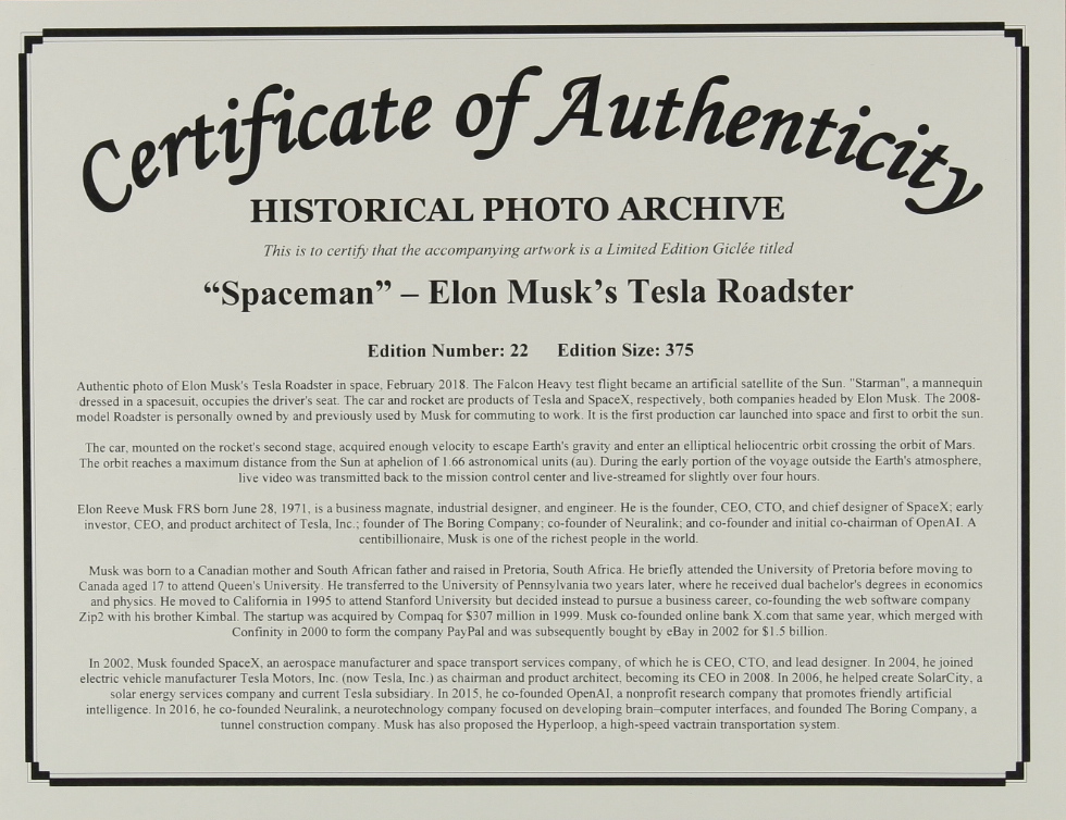 Historical Photo Archive - “Spaceman” Elon Musk's Tesla Roadster Limited Edition 14x22 Fine Art Giclee on Paper #22/375 (PA) at PristineAuction.com Historical Photo Archive - “Spaceman” Elon Musk's Tesla Roadster Limited Edition 14x22 Fine Art Giclee on Paper #22/375 (PA) at PristineAuction.com