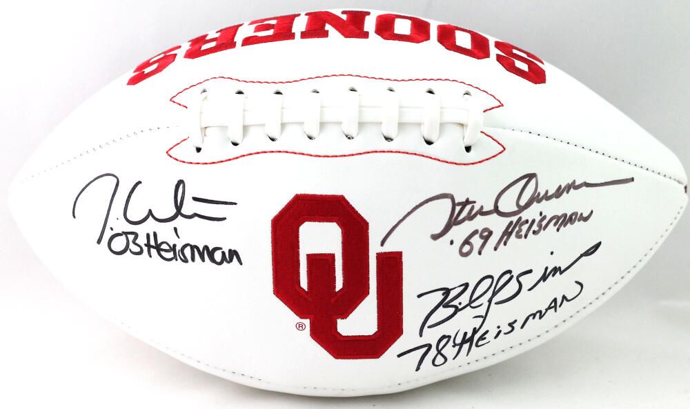 Jason White, Steve Owens & Billy Sims Signed Oklahoma Sooners Logo Football with Heisman Inscriptions (Beckett) at PristineAuction.com Jason White, Steve Owens & Billy Sims Signed Oklahoma Sooners Logo Football with Heisman Inscriptions (Beckett) at PristineAuction.com