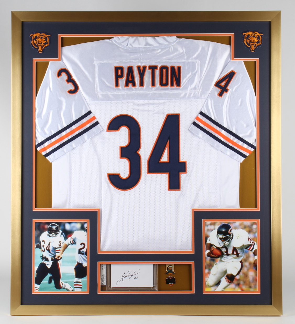 Walter Payton Signed 32x36 Custom Framed Cut Display with Jersey & (2) Hall of Fame Pins (PSA) at PristineAuction.com Walter Payton Signed 32x36 Custom Framed Cut Display with Jersey & (2) Hall of Fame Pins (PSA) at PristineAuction.com