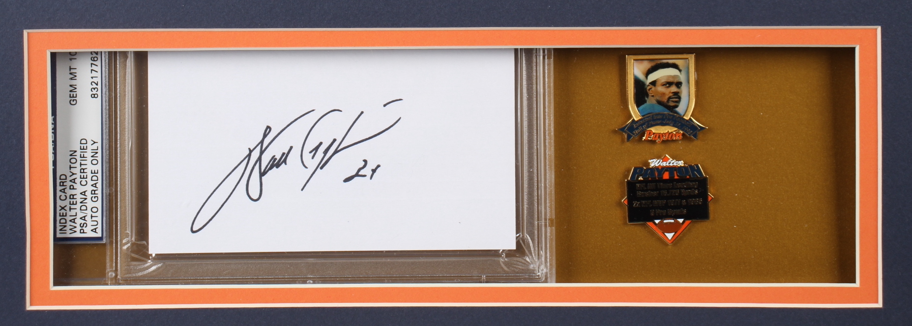 Walter Payton Signed 32x36 Custom Framed Cut Display with Jersey & (2) Hall of Fame Pins (PSA) at PristineAuction.com Walter Payton Signed 32x36 Custom Framed Cut Display with Jersey & (2) Hall of Fame Pins (PSA) at PristineAuction.com