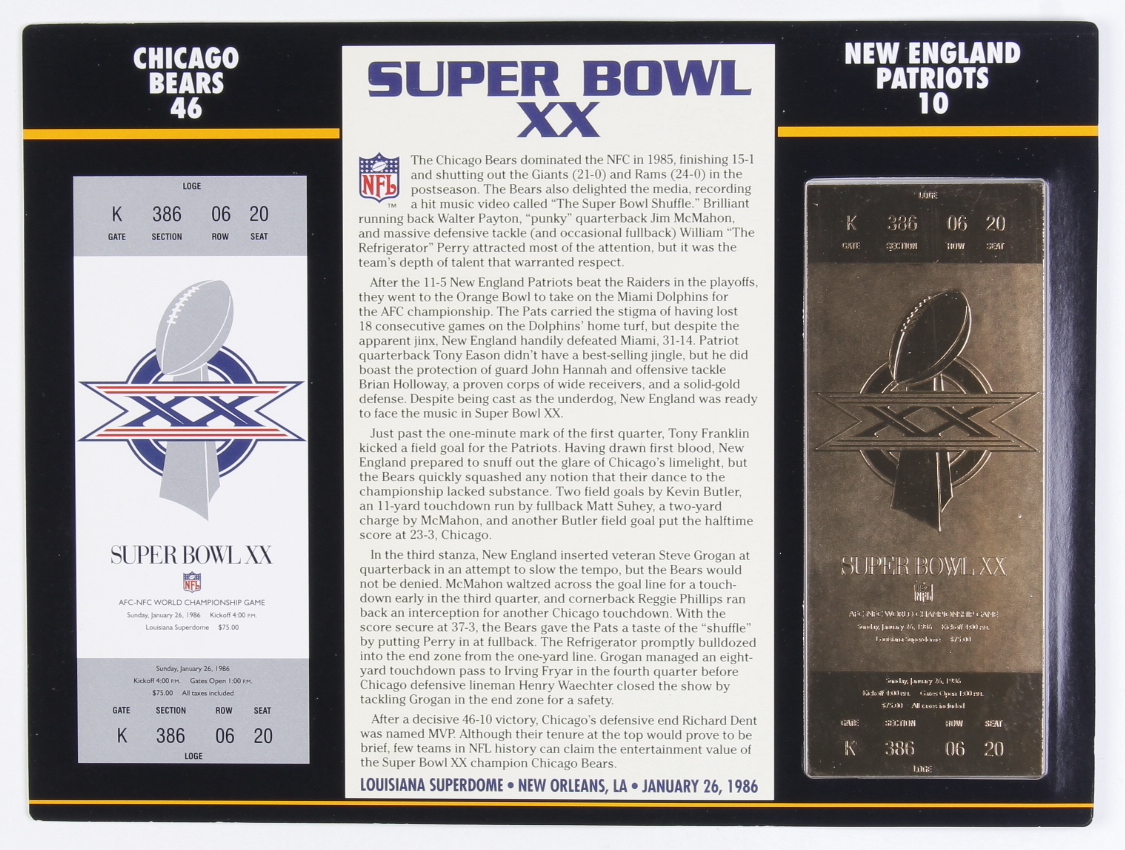 1985 Commemorative Super Bowl XX Card with Ticket: Bears vs Patriots at PristineAuction.com 1985 Commemorative Super Bowl XX Card with Ticket: Bears vs Patriots at PristineAuction.com