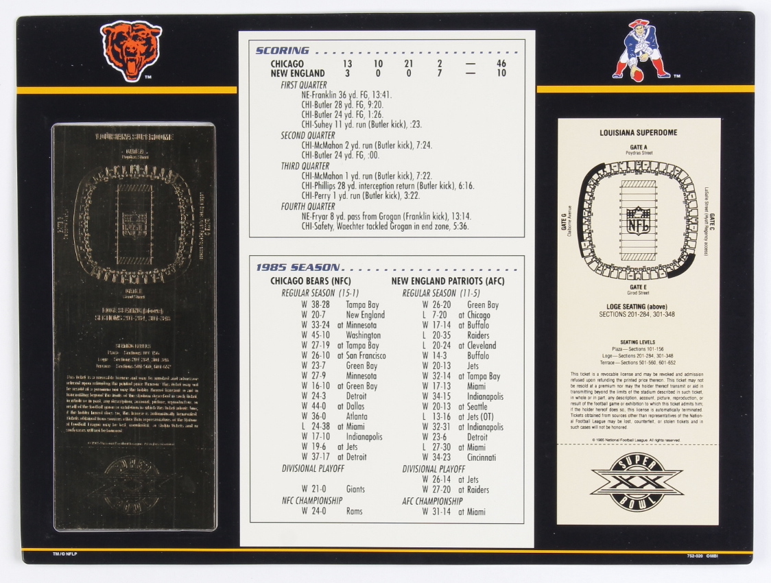 1985 Commemorative Super Bowl XX Card with Ticket: Bears vs Patriots at PristineAuction.com 1985 Commemorative Super Bowl XX Card with Ticket: Bears vs Patriots at PristineAuction.com