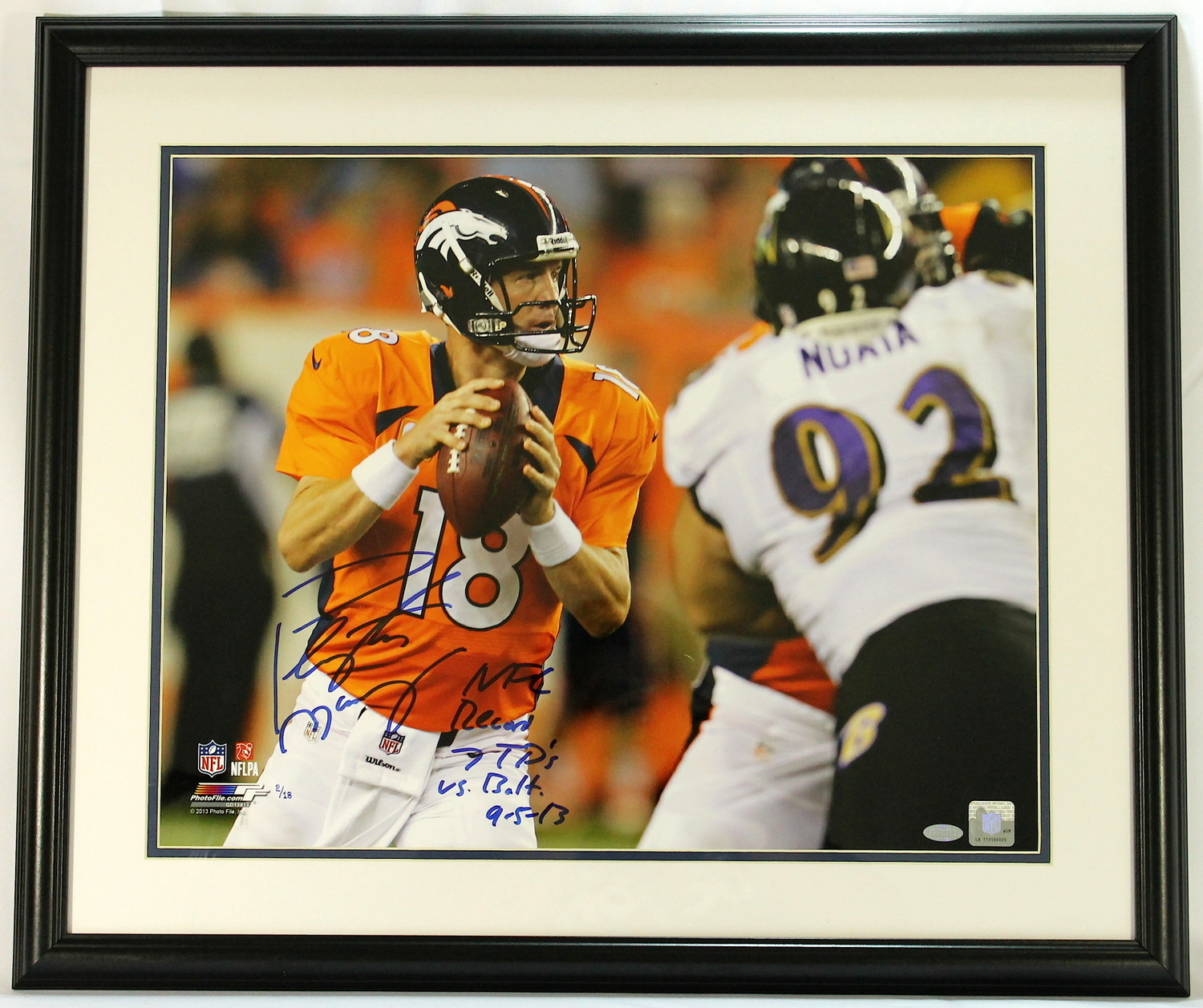 Peyton Manning Signed Broncos Limited Edition Custom Framed 26" x 22" Photo Display Inscribed "NFL Record 7 TD's vs. Balt. 9-5-13" (Steiner COA) at PristineAuction.com Peyton Manning Signed Broncos Limited Edition Custom Framed 26" x 22" Photo Display Inscribed "NFL Record 7 TD's vs. Balt. 9-5-13" (Steiner COA) at PristineAuction.com
