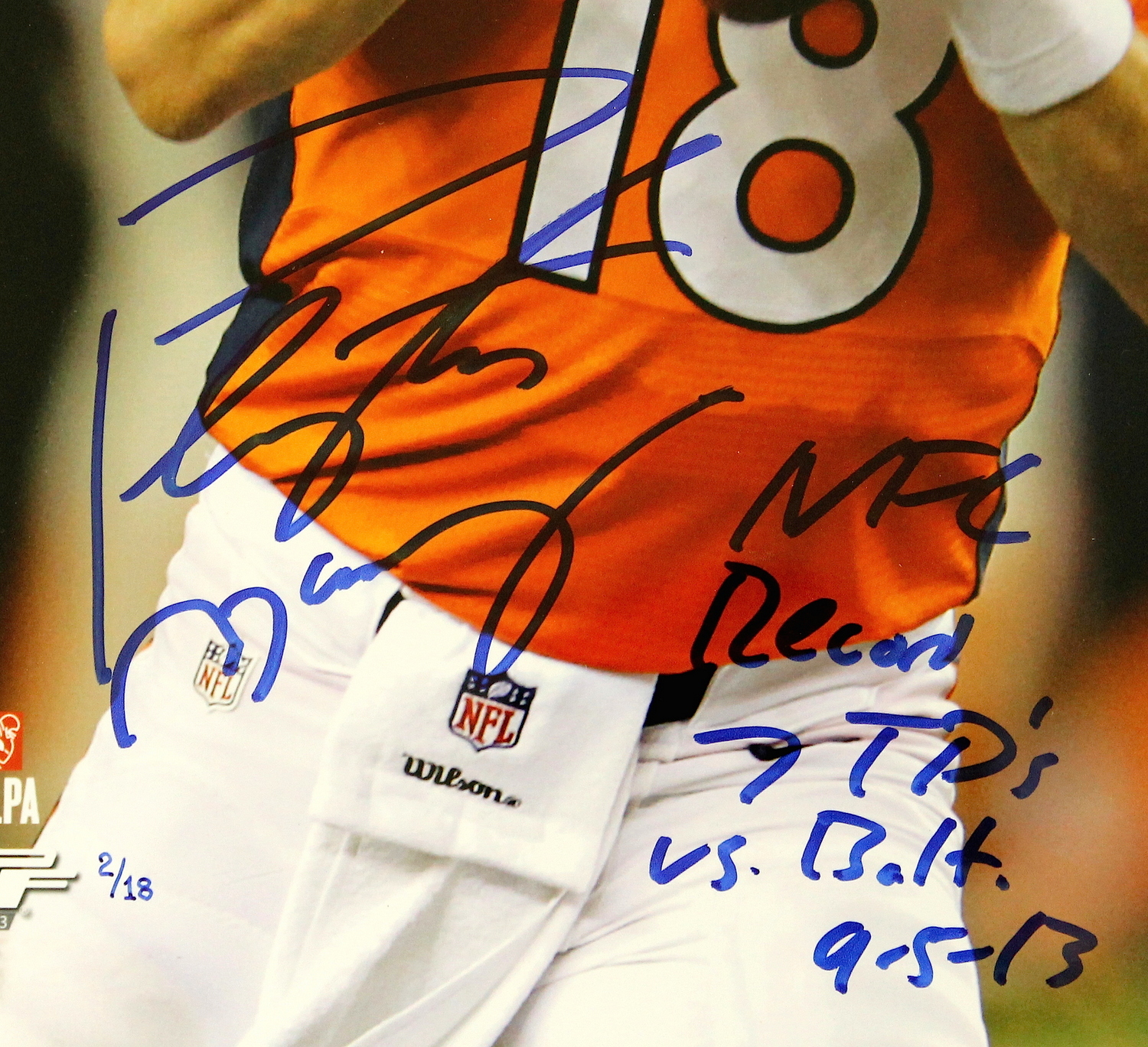 Peyton Manning Signed Broncos Limited Edition Custom Framed 26" x 22" Photo Display Inscribed "NFL Record 7 TD's vs. Balt. 9-5-13" (Steiner COA) at PristineAuction.com Peyton Manning Signed Broncos Limited Edition Custom Framed 26" x 22" Photo Display Inscribed "NFL Record 7 TD's vs. Balt. 9-5-13" (Steiner COA) at PristineAuction.com