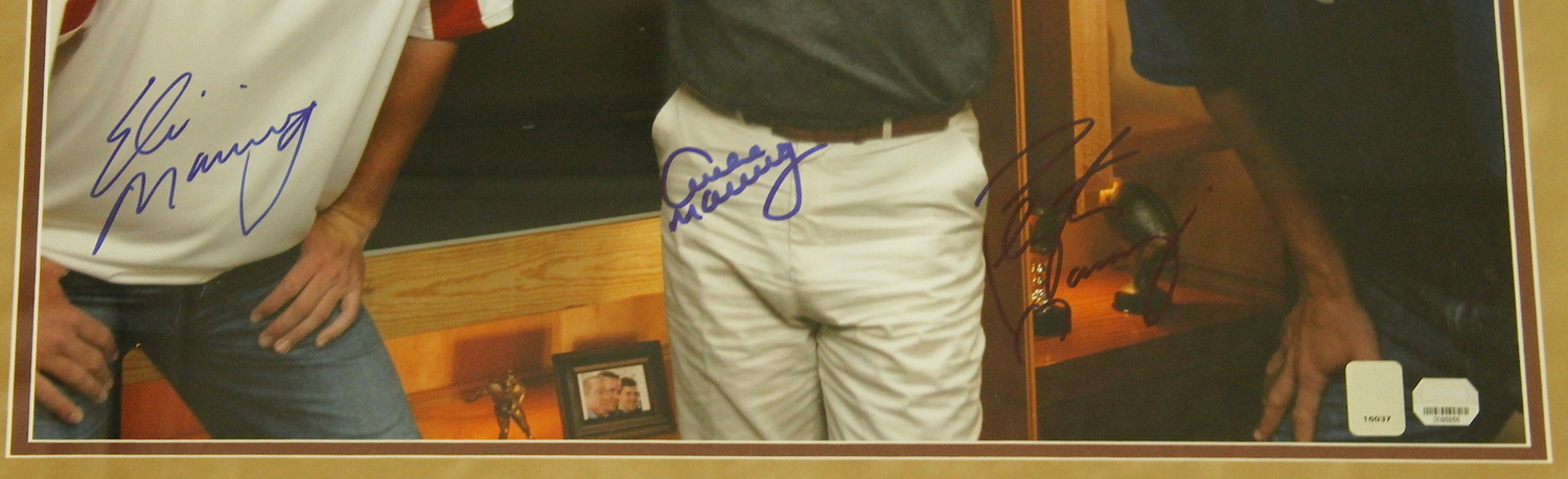 Peyton, Eli & Archie Manning Signed 27x30 Custom Framed Display (Mounted Memories COA) at PristineAuction.com Peyton, Eli & Archie Manning Signed 27x30 Custom Framed Display (Mounted Memories COA) at PristineAuction.com