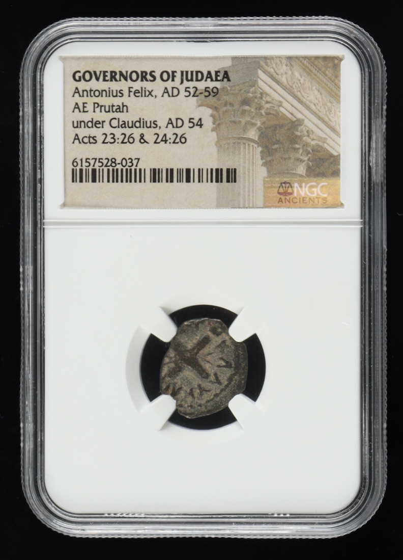 Antonius Felix (AD 52-59) Governors of Judaea Under Claudius AD 54 AE Prutah Ancient Biblical Coin (NGC) at PristineAuction.com Antonius Felix (AD 52-59) Governors of Judaea Under Claudius AD 54 AE Prutah Ancient Biblical Coin (NGC) at PristineAuction.com