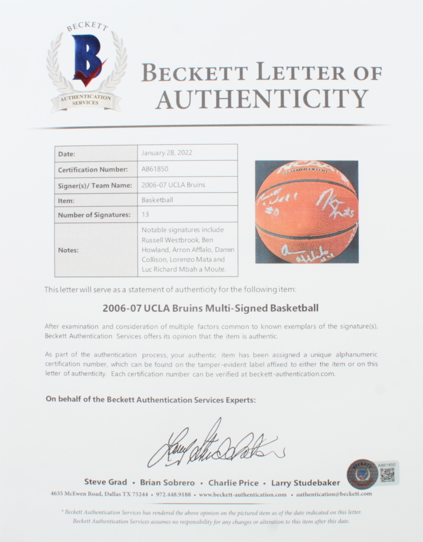 NCAA Basketball Team-Signed by (13) 2006-07 UCLA Bruins with Russell Westbrook, Ben Howland, Arron Affalo, Darren Collision, Lorenzo Mata with Display Case (Beckett) at PristineAuction.com NCAA Basketball Team-Signed by (13) 2006-07 UCLA Bruins with Russell Westbrook, Ben Howland, Arron Affalo, Darren Collision, Lorenzo Mata with Display Case (Beckett) at PristineAuction.com