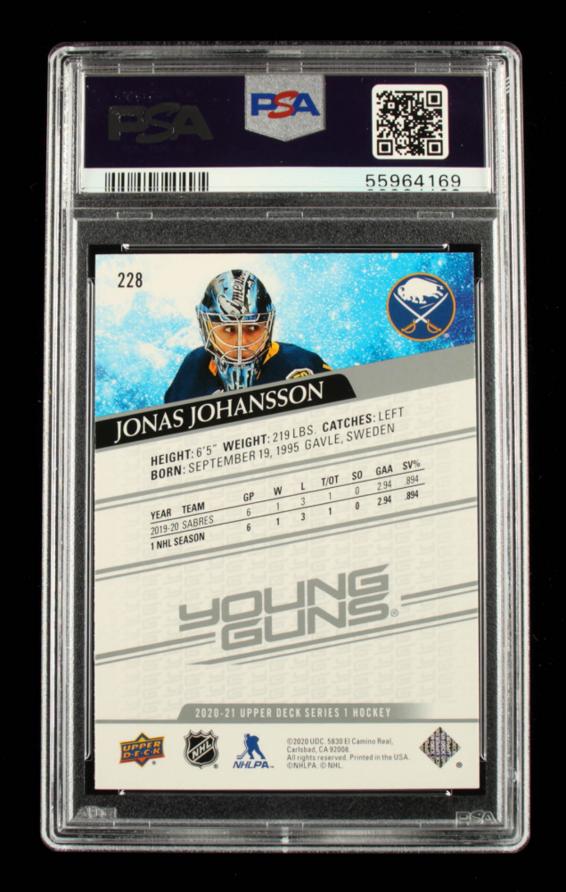 Jonas Johansson 202021 Upper Deck 228 Young Guns RC (PSA 9