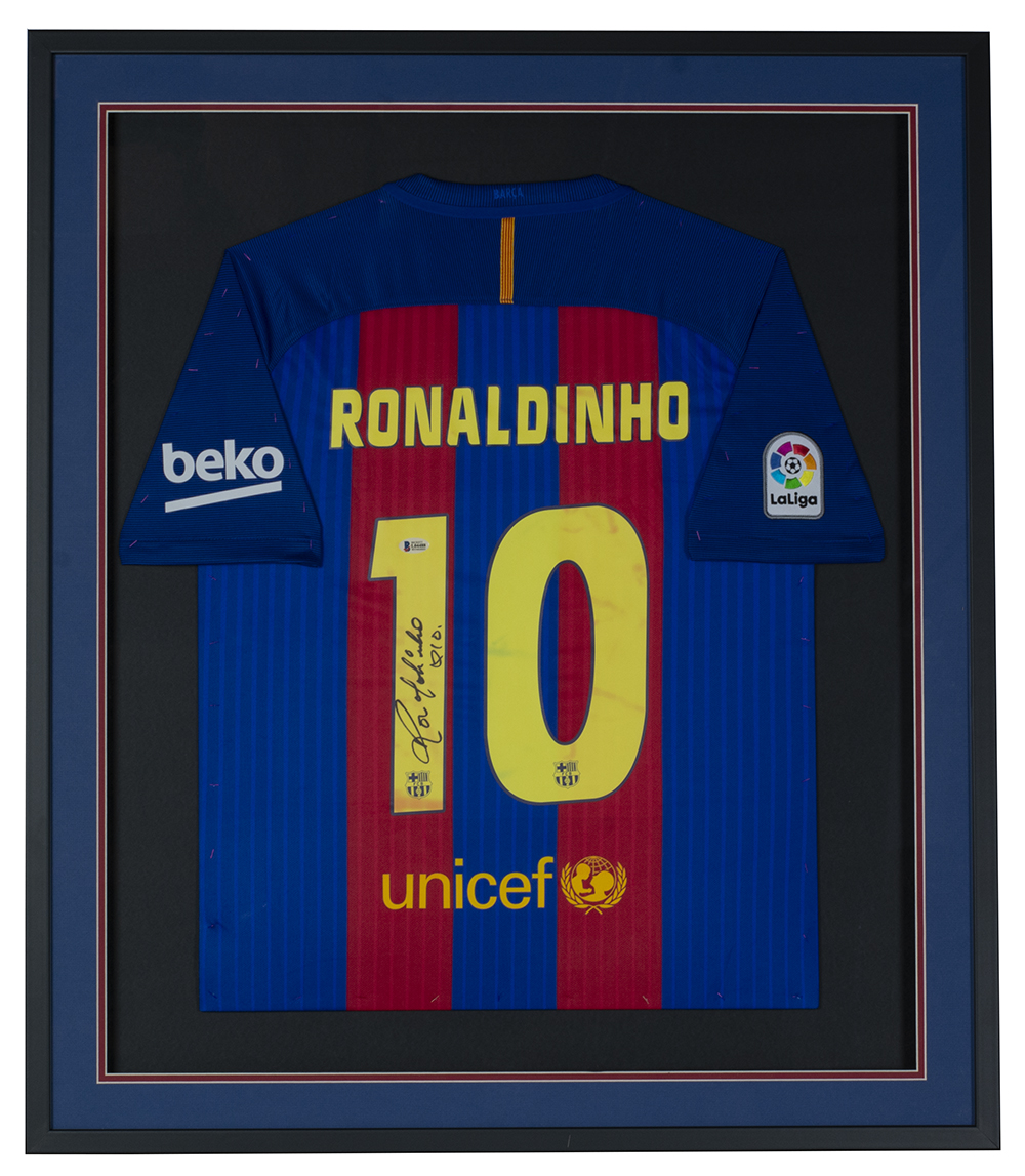 Ronaldinho Signed Barcelona 32x36 Custom Framed Nike Jersey Display Inscribed "R10" (Beckett) at PristineAuction.com Ronaldinho Signed Barcelona 32x36 Custom Framed Nike Jersey Display Inscribed "R10" (Beckett) at PristineAuction.com