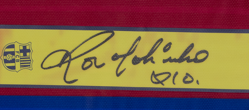 Ronaldinho Signed Barcelona 32x36 Custom Framed Nike Jersey Display Inscribed "R10" (Beckett) at PristineAuction.com Ronaldinho Signed Barcelona 32x36 Custom Framed Nike Jersey Display Inscribed "R10" (Beckett) at PristineAuction.com