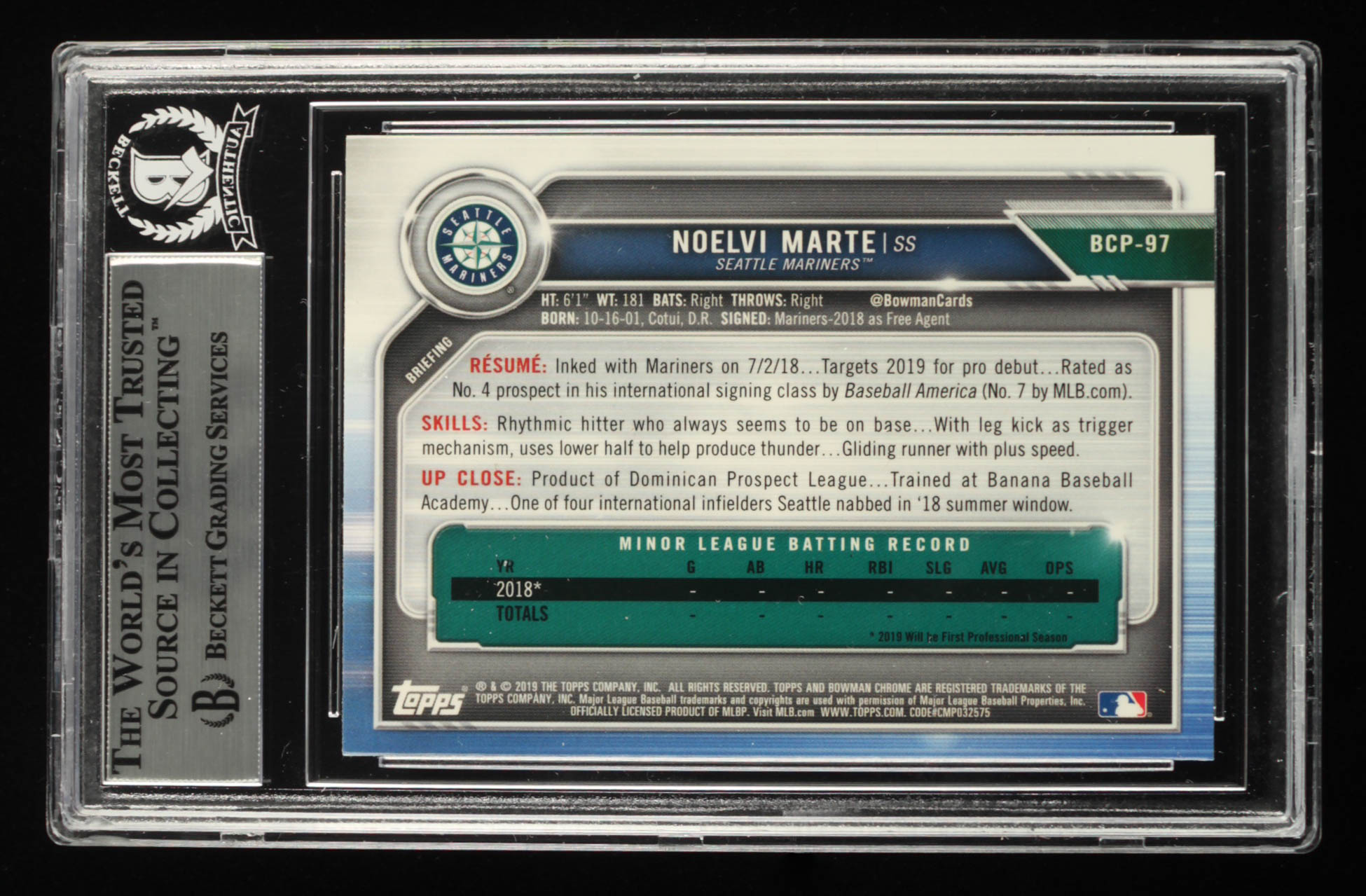 Noelvi Marte Signed 2019 Bowman Chrome Prospects #BCP97 (BGS) at PristineAuction.com Noelvi Marte Signed 2019 Bowman Chrome Prospects #BCP97 (BGS) at PristineAuction.com