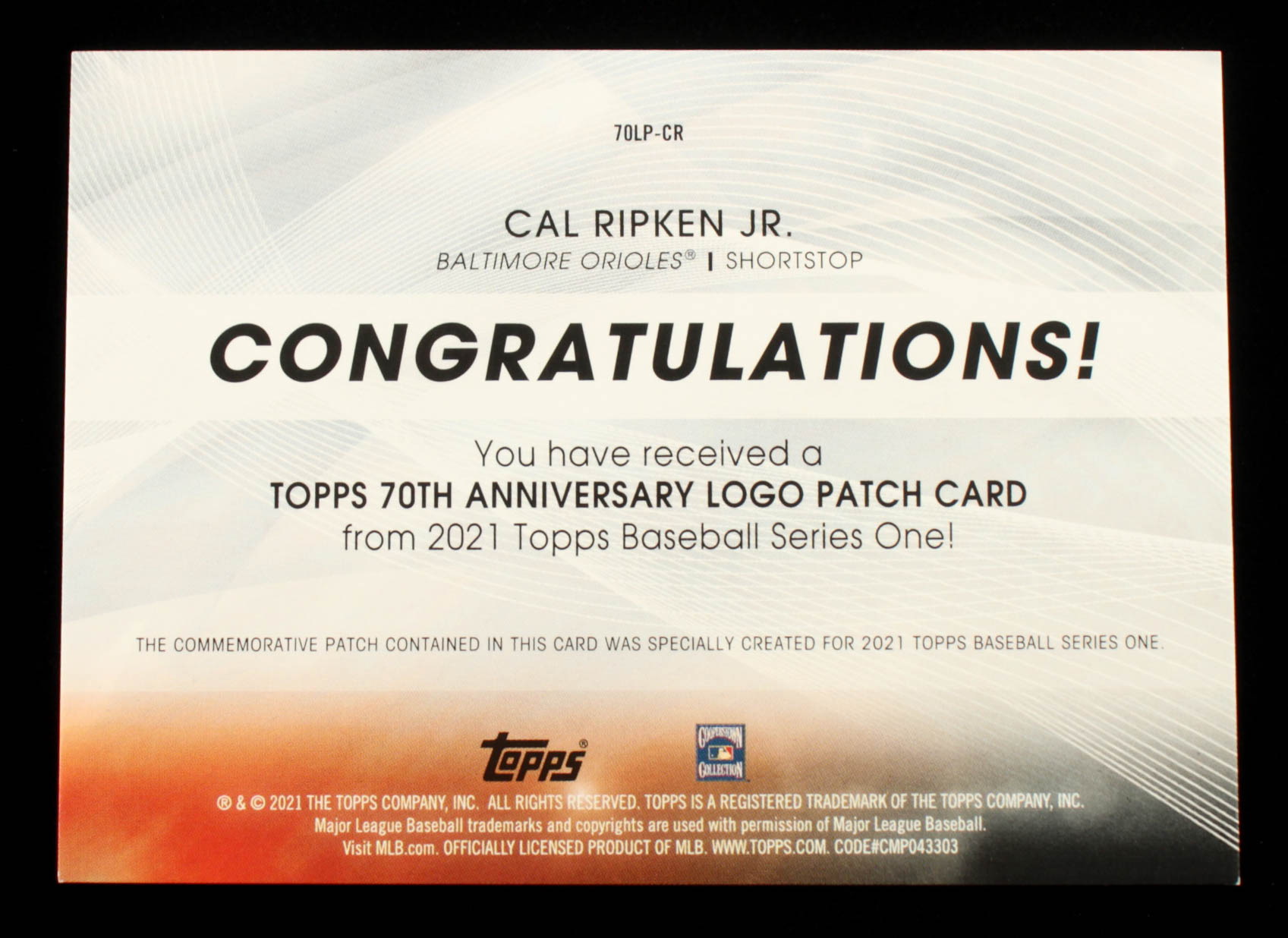 Cal Ripken Jr. 2021 Topps 70th Anniversary Commemorative Logo Patches ...