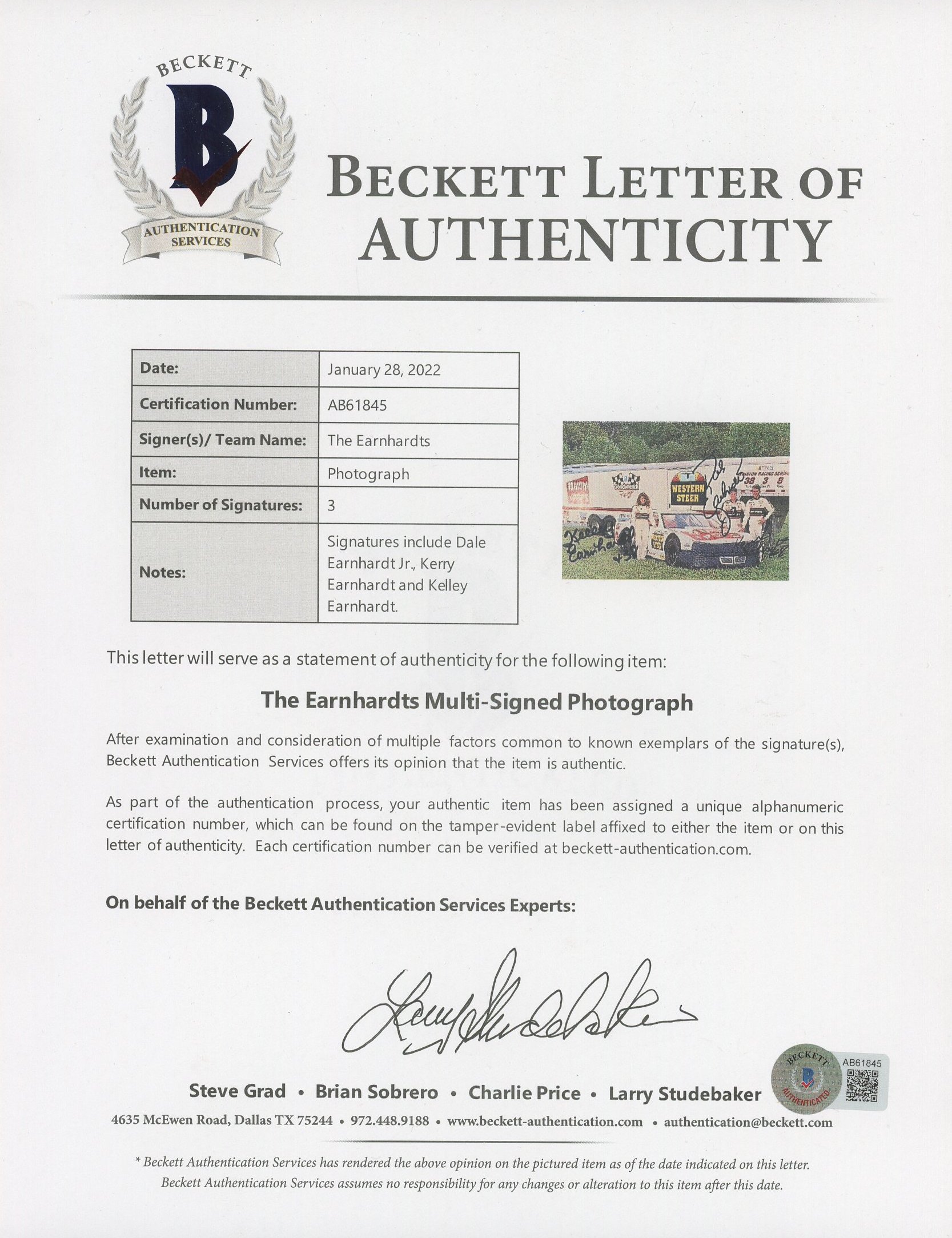 Dale Earnhardt Jr., Kerry Earnhardt, & Kelley Earnhardt Signed NASCAR 6x8 Photo Card (Beckett) at PristineAuction.com Dale Earnhardt Jr., Kerry Earnhardt, & Kelley Earnhardt Signed NASCAR 6x8 Photo Card (Beckett) at PristineAuction.com